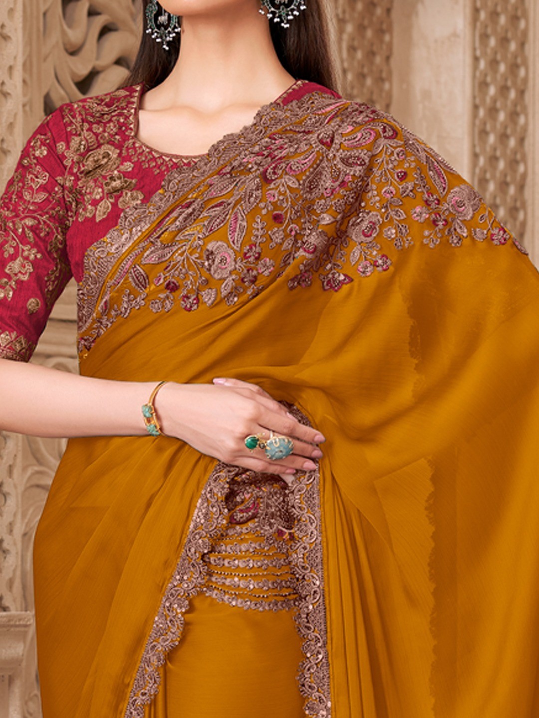 Mustard Satin Saree with Elegant Embroidered Border Work and Modern Ethnic Appeal - Image 6