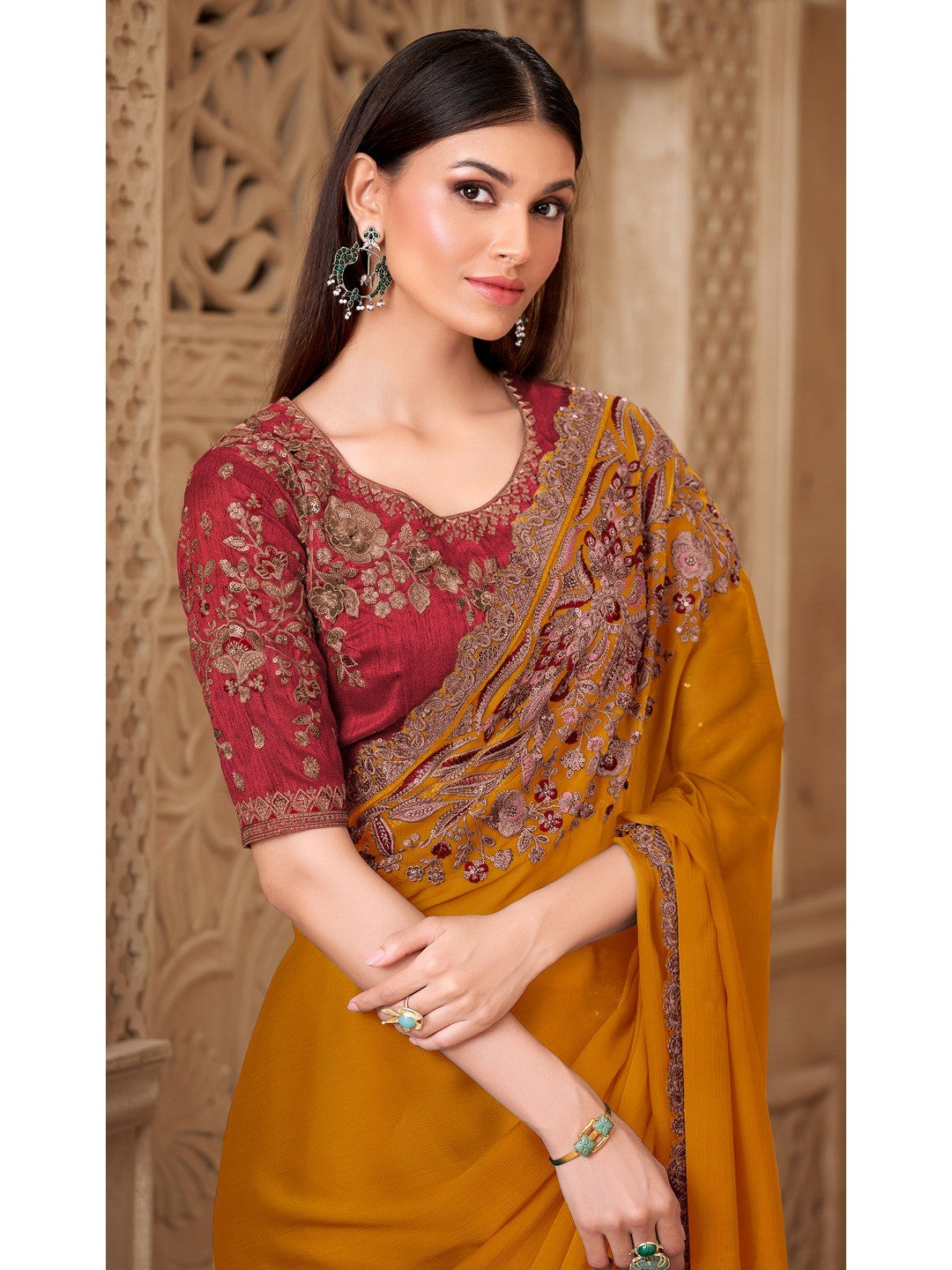 Mustard Satin Saree with Elegant Embroidered Border Work and Modern Ethnic Appeal - Image 5