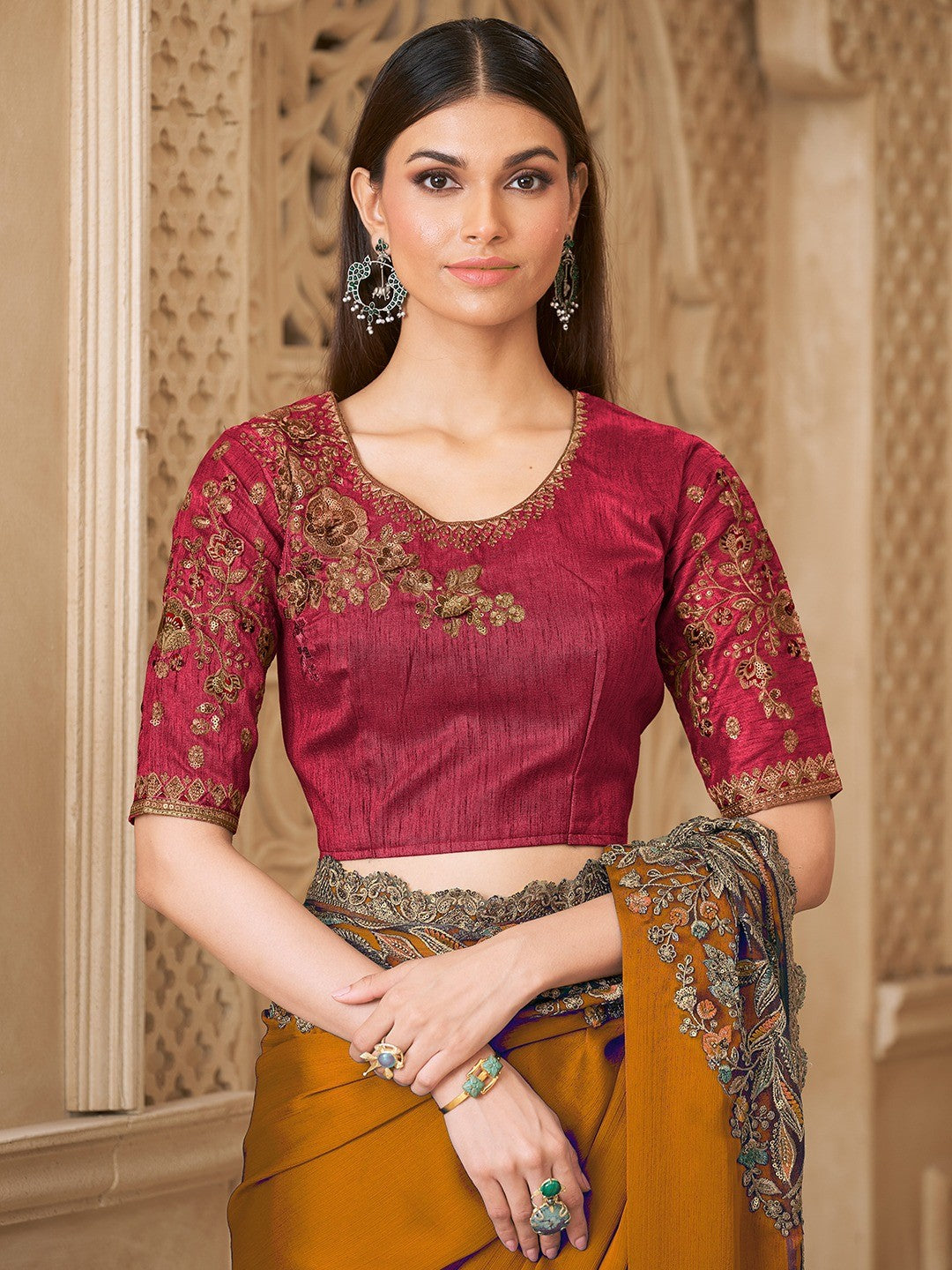Mustard Satin Saree with Elegant Embroidered Border Work and Modern Ethnic Appeal - Image 3