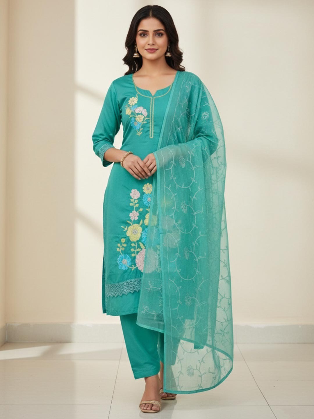 Graceful Turquoise Floral Embroidered Roman Art Silk Dress Material Adorned With Swarovski Work - Image 2