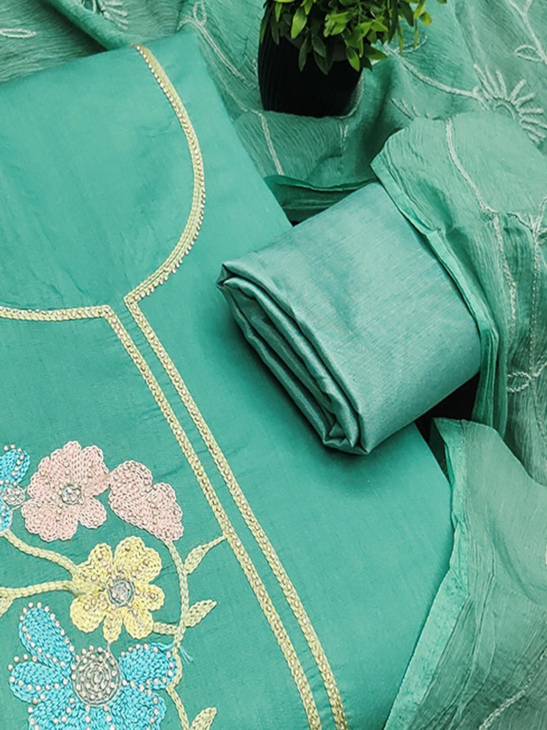 Graceful Turquoise Floral Embroidered Roman Art Silk Dress Material Adorned With Swarovski Work - Image 6