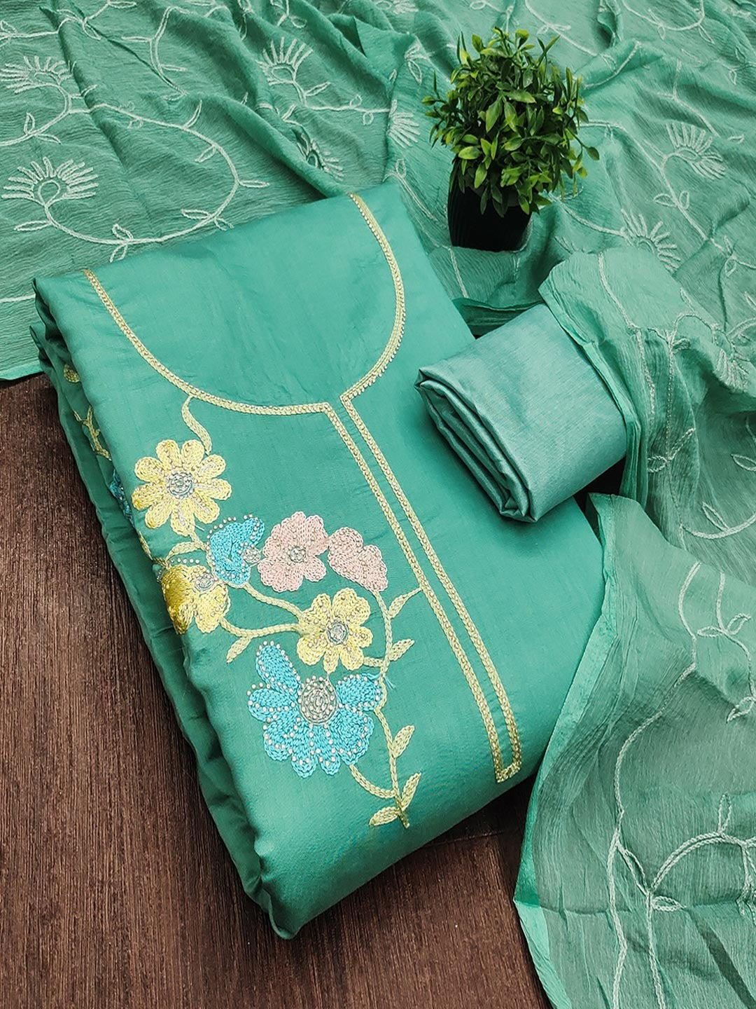 Graceful Turquoise Floral Embroidered Roman Art Silk Dress Material Adorned With Swarovski Work - Image 4
