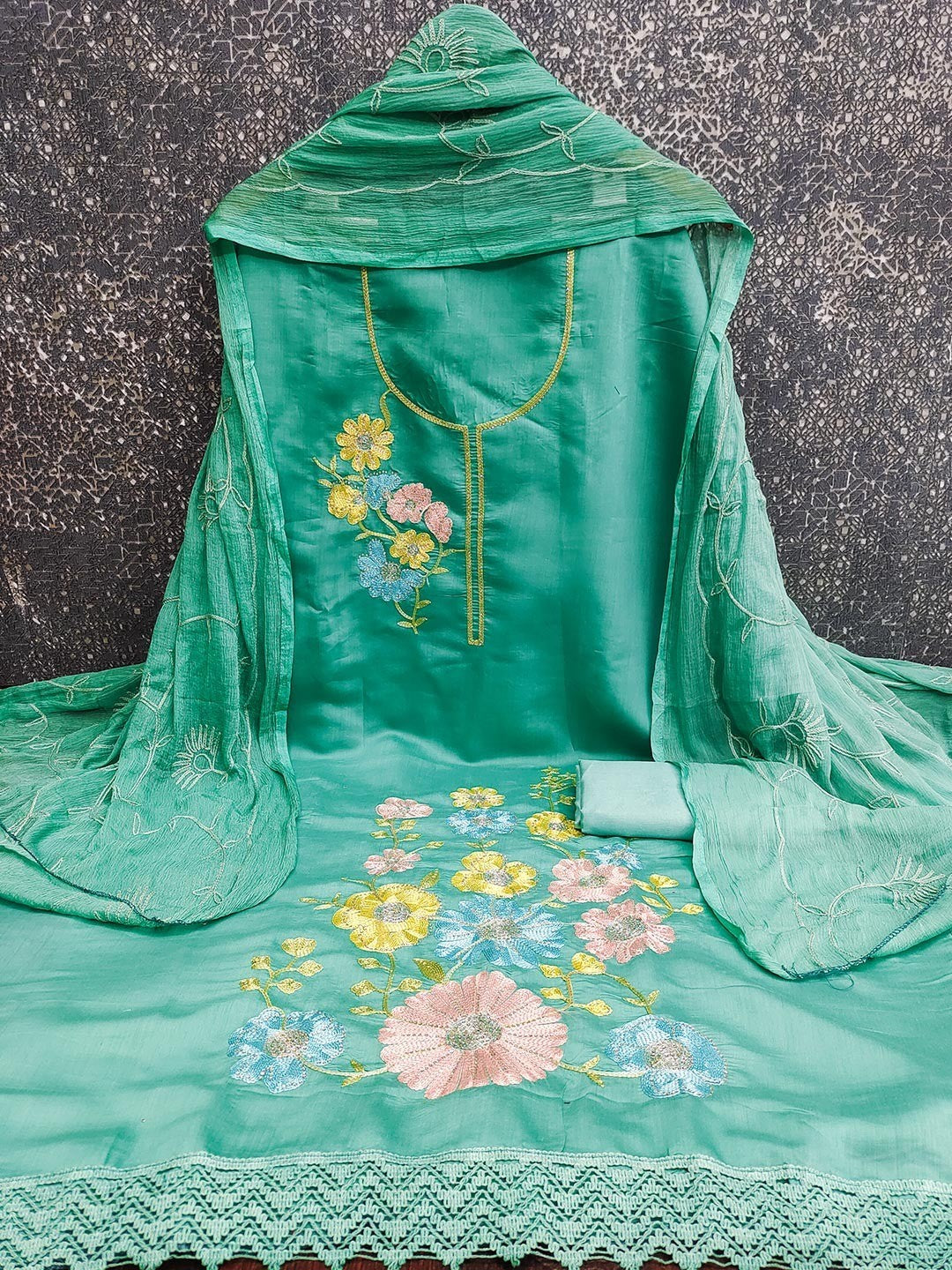 Graceful Turquoise Floral Embroidered Roman Art Silk Dress Material Adorned With Swarovski Work - Image 5