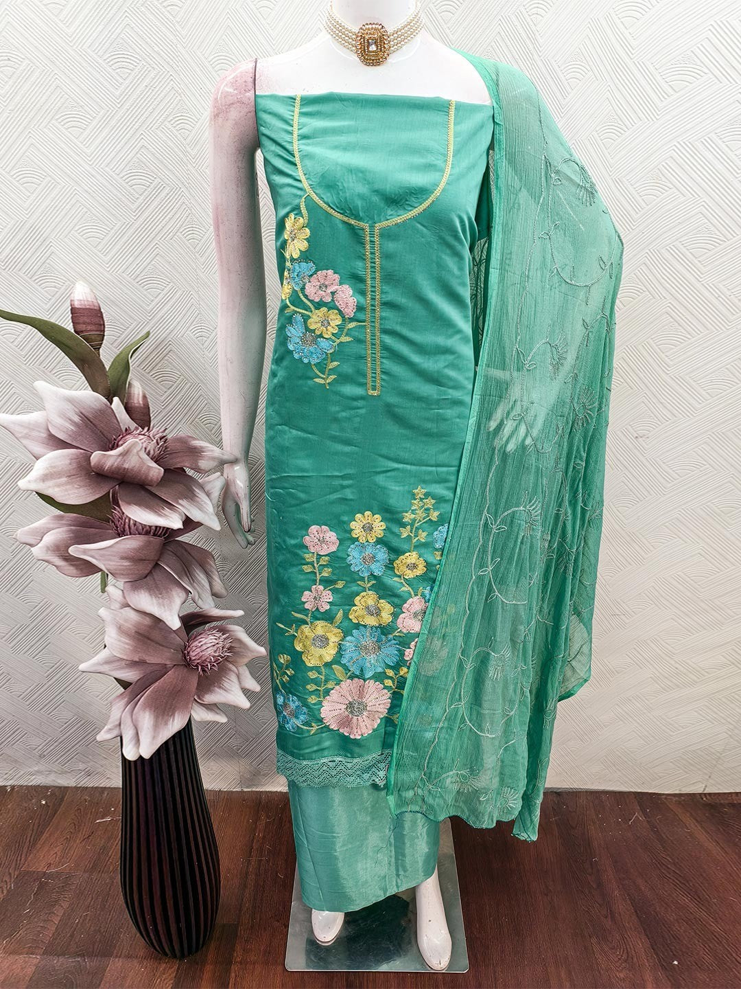 Graceful Turquoise Floral Embroidered Roman Art Silk Dress Material Adorned With Swarovski Work - Image 3