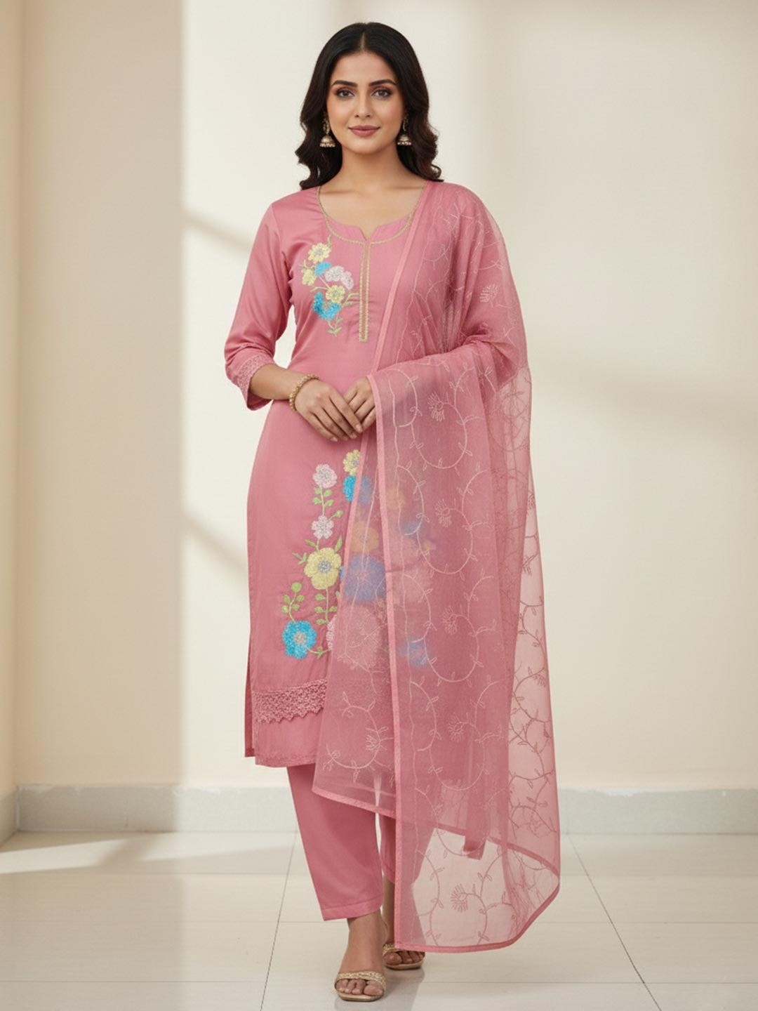Graceful Peach Floral Embroidered Roman Art Silk Dress Material Adorned With Swarovski Work - Image 2