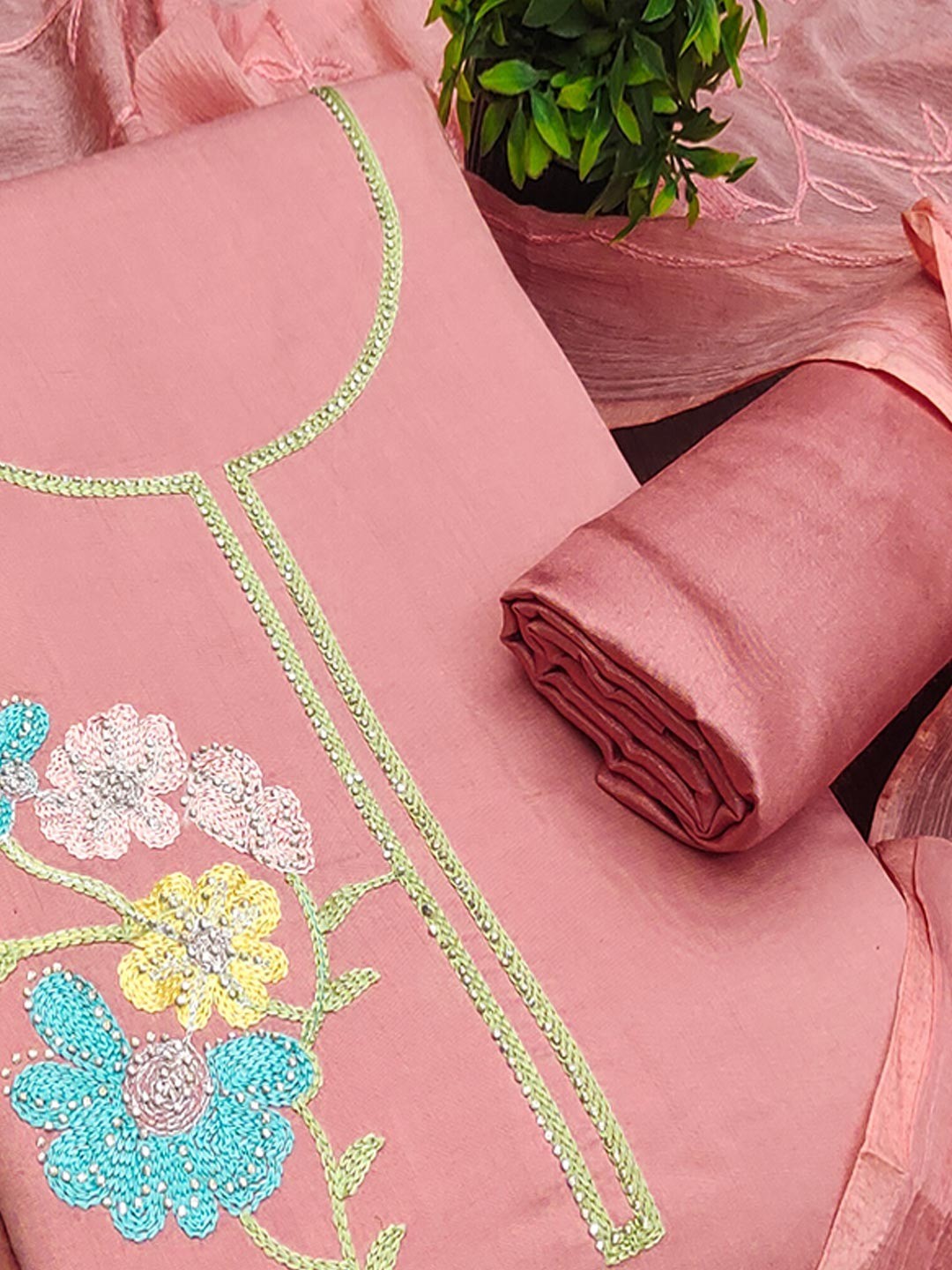 Graceful Peach Floral Embroidered Roman Art Silk Dress Material Adorned With Swarovski Work - Image 4