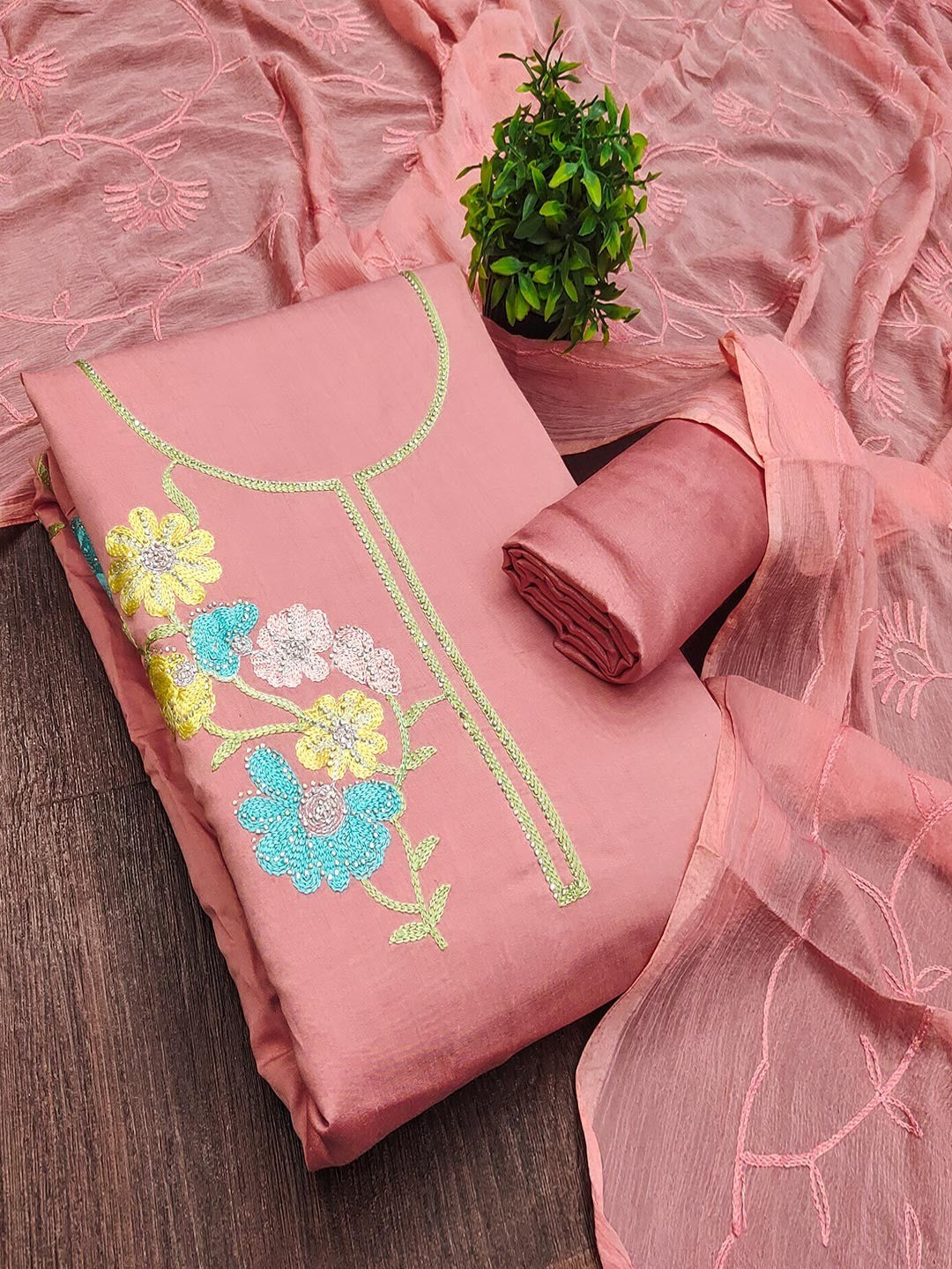 Graceful Peach Floral Embroidered Roman Art Silk Dress Material Adorned With Swarovski Work - Image 6