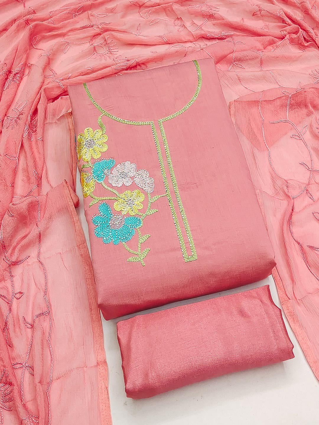 Graceful Peach Floral Embroidered Roman Art Silk Dress Material Adorned With Swarovski Work - Image 1
