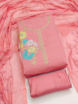 Graceful Peach Floral Embroidered Roman Art Silk Dress Material Adorned With Swarovski Work - Image 1