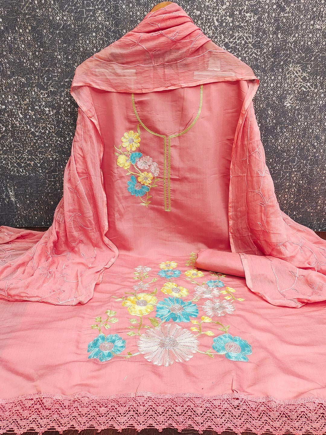 Graceful Peach Floral Embroidered Roman Art Silk Dress Material Adorned With Swarovski Work - Image 3
