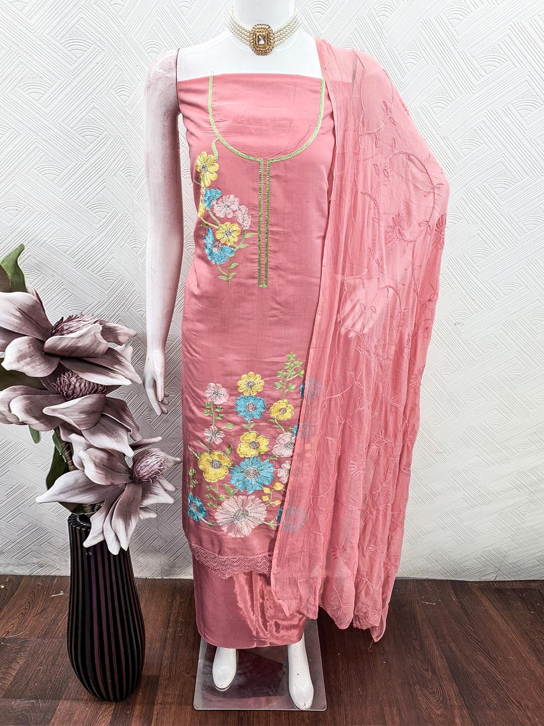Graceful Peach Floral Embroidered Roman Art Silk Dress Material Adorned With Swarovski Work - Image 5