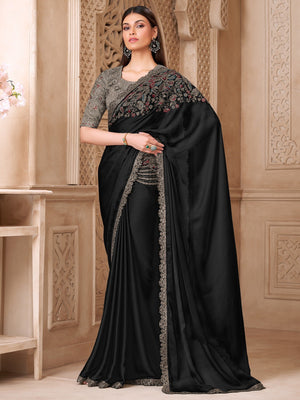 Black Satin Saree with Elegant Embroidered Border Work and Modern Ethnic Appeal - Image 1