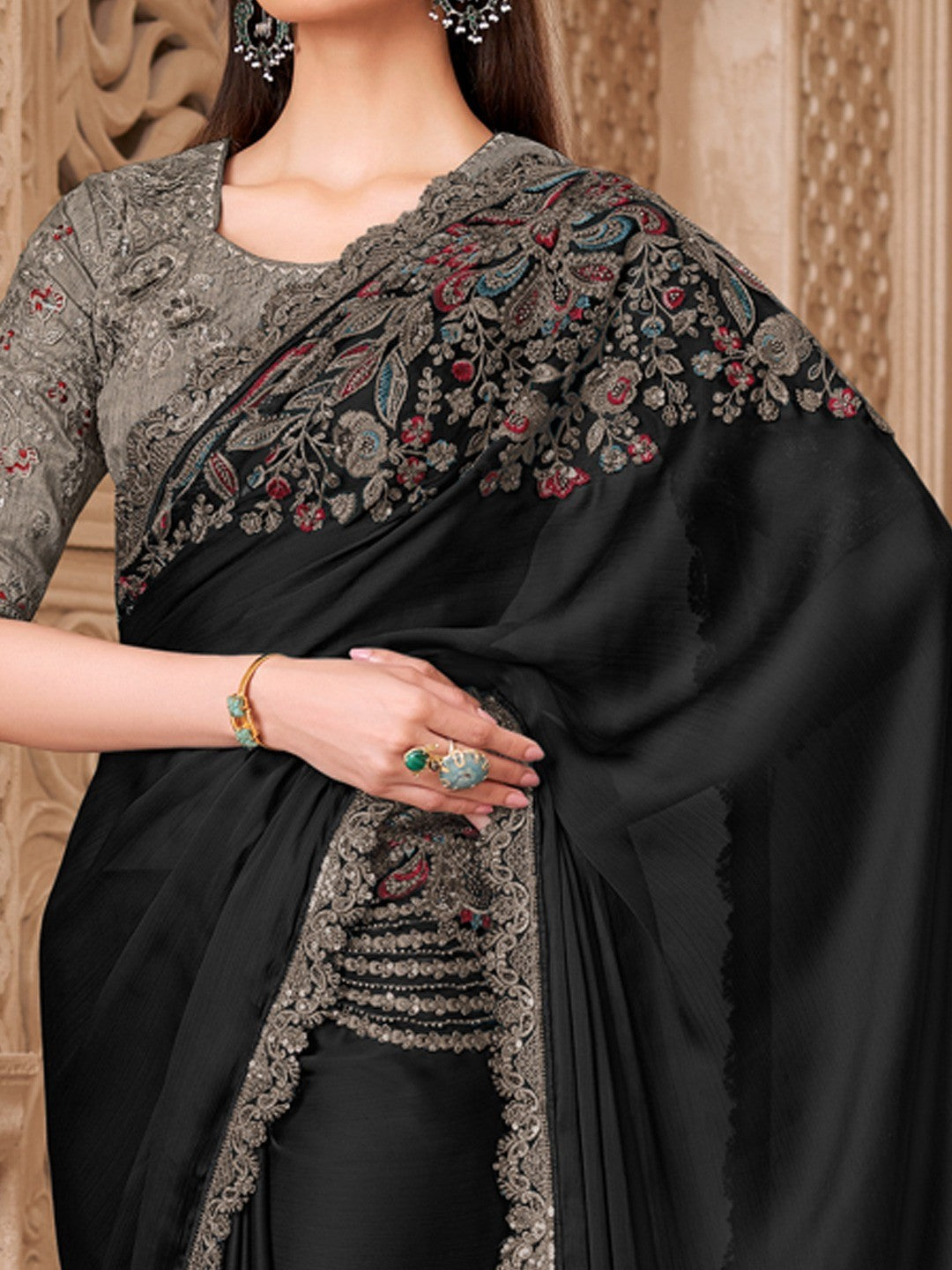 Black Satin Saree with Elegant Embroidered Border Work and Modern Ethnic Appeal - Image 3