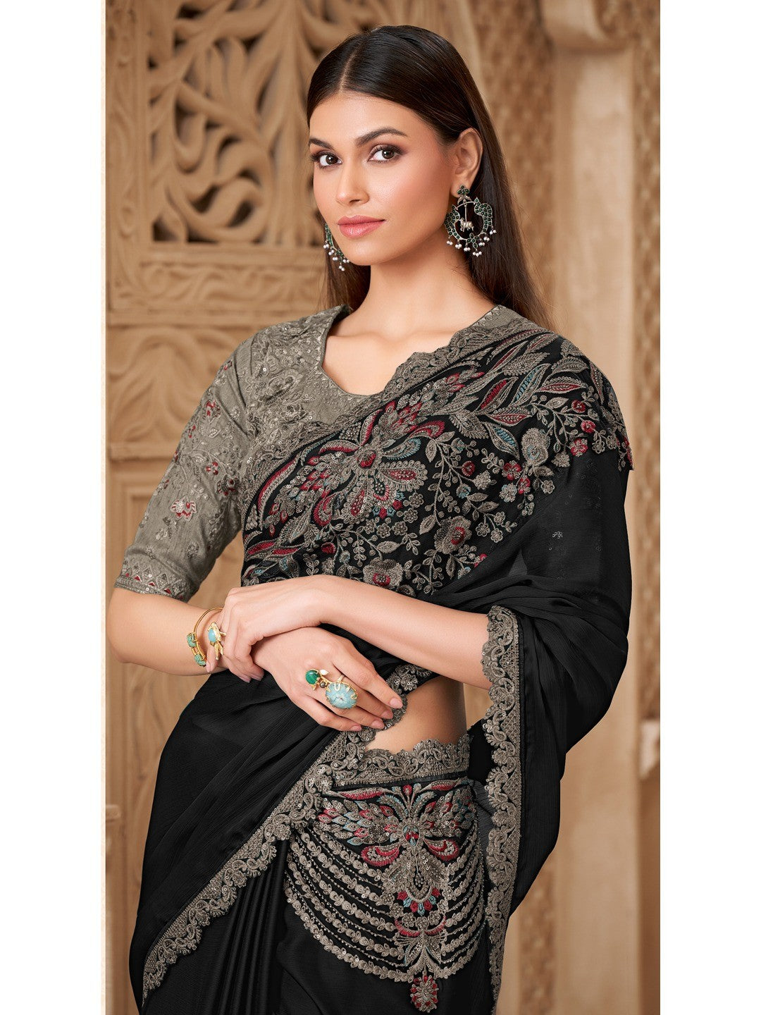 Black Satin Saree with Elegant Embroidered Border Work and Modern Ethnic Appeal - Image 6