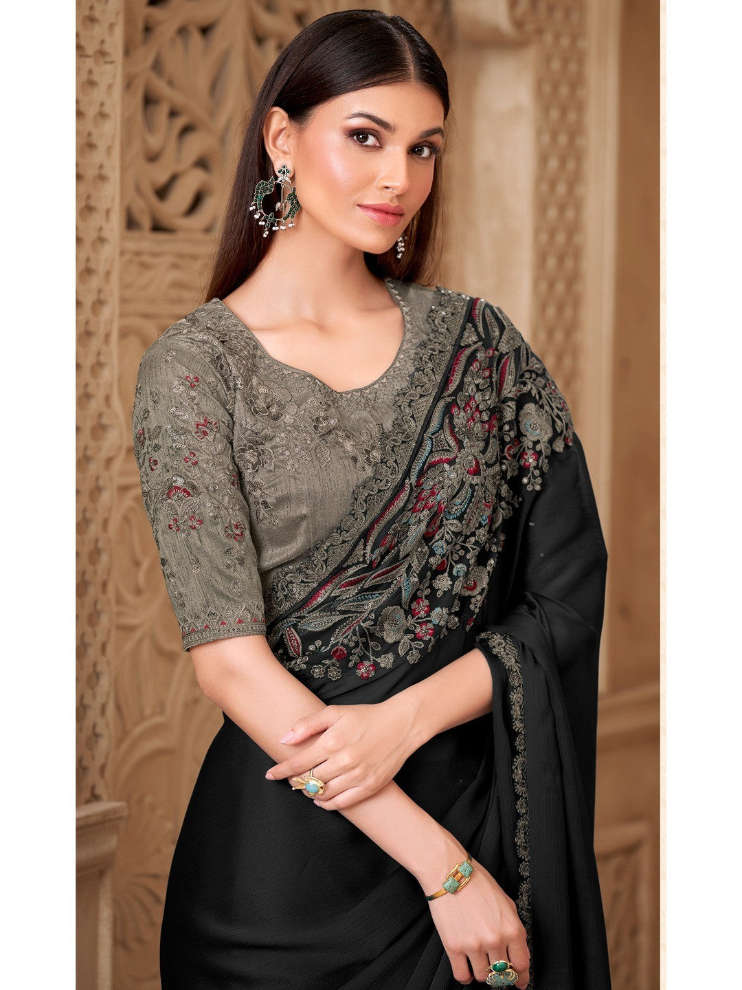 Black Satin Saree with Elegant Embroidered Border Work and Modern Ethnic Appeal - Image 5