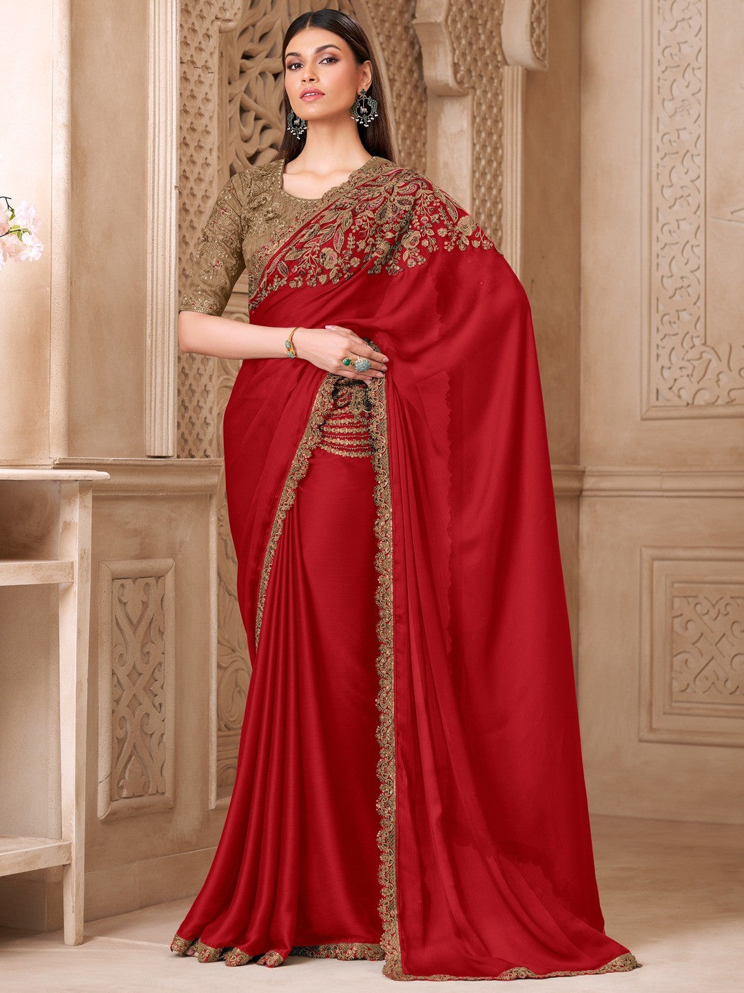 Red Satin Saree with Elegant Embroidered Border Work and Modern Ethnic Appeal - Image 1