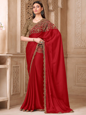 Red Satin Saree with Elegant Embroidered Border Work and Modern Ethnic Appeal - Image 1