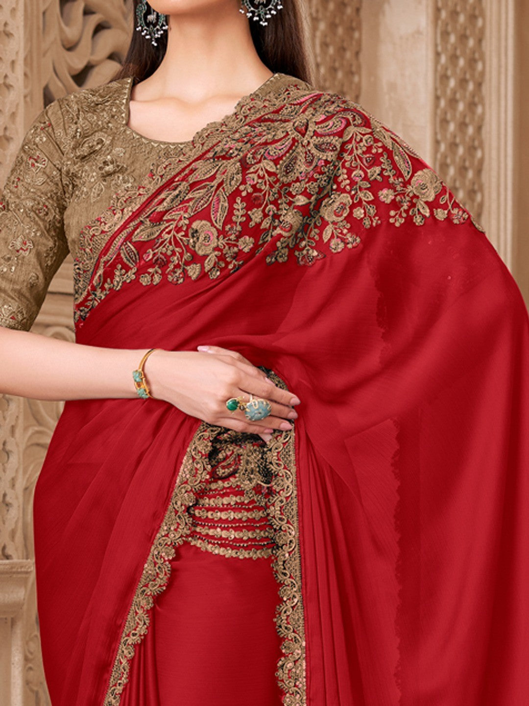 Red Satin Saree with Elegant Embroidered Border Work and Modern Ethnic Appeal - Image 4
