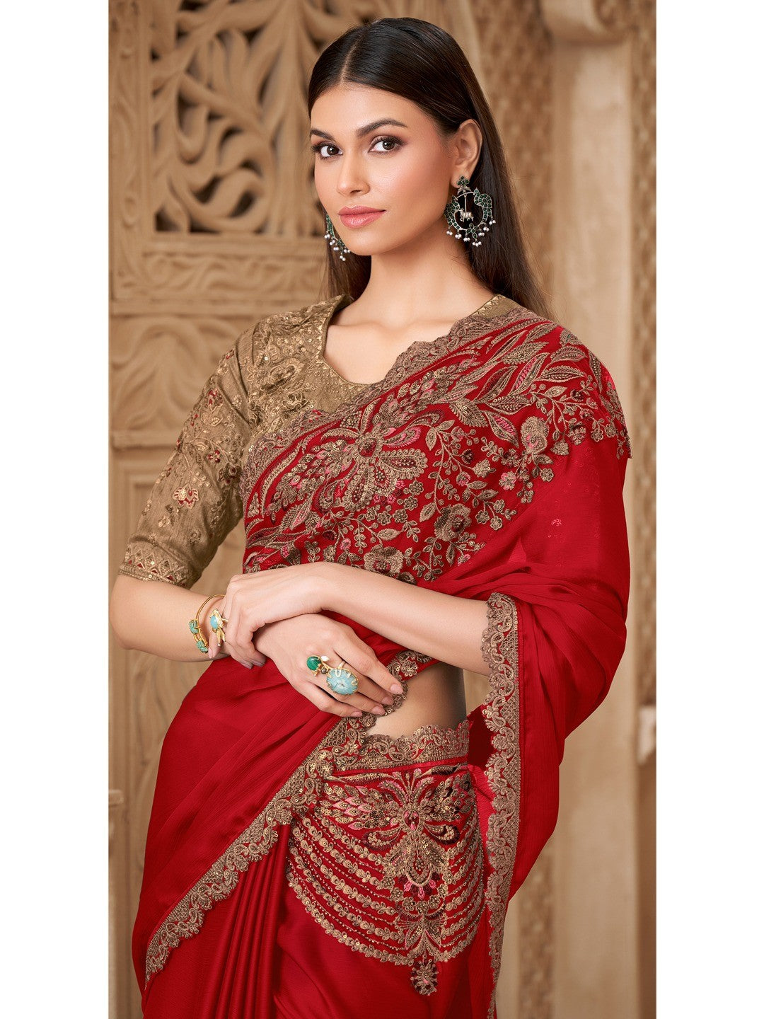 Red Satin Saree with Elegant Embroidered Border Work and Modern Ethnic Appeal - Image 3