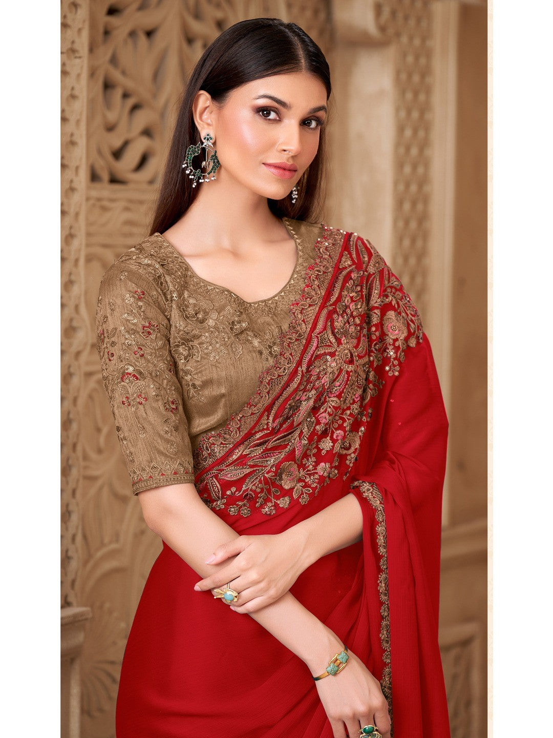 Red Satin Saree with Elegant Embroidered Border Work and Modern Ethnic Appeal - Image 2