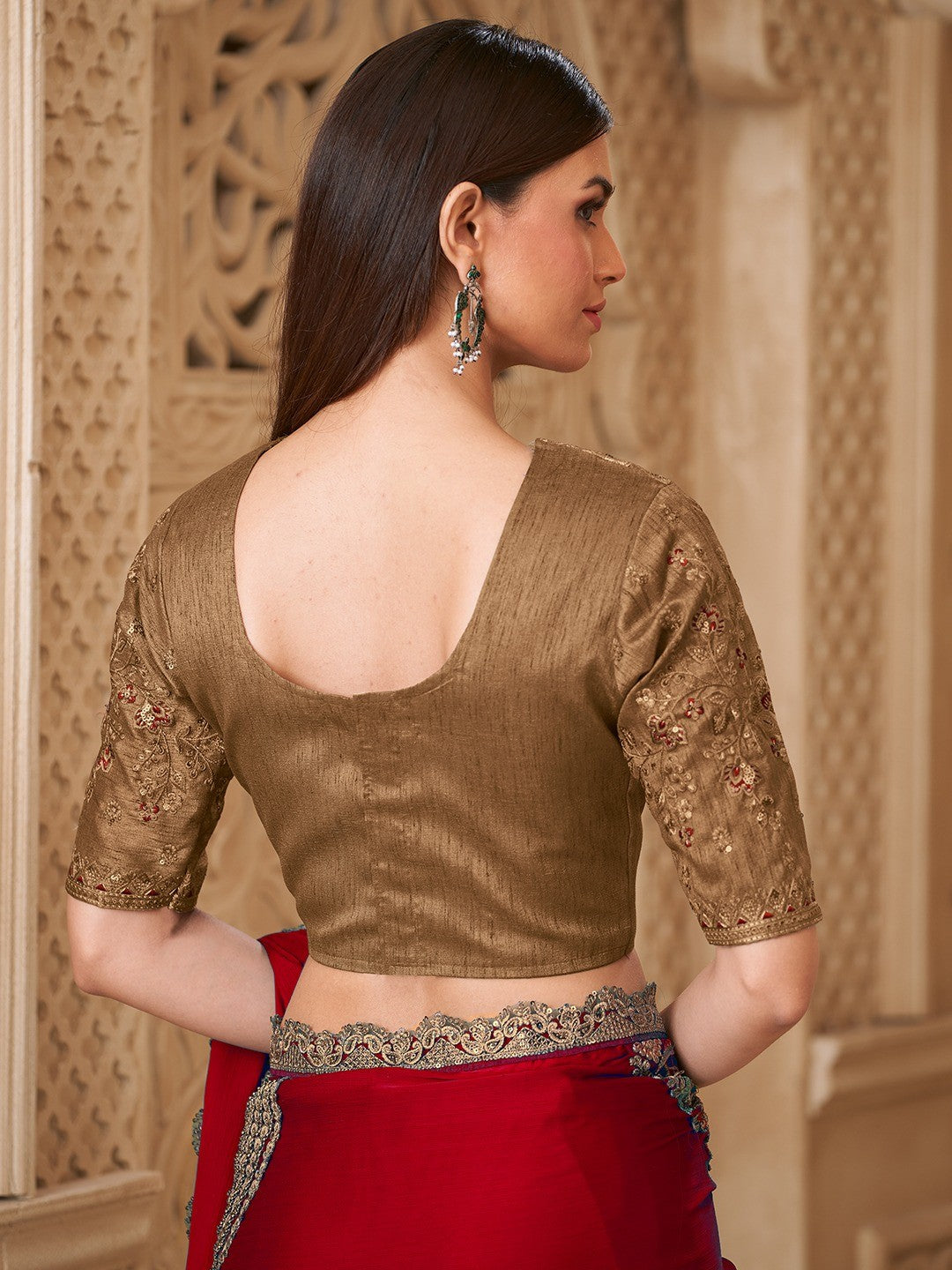 Red Satin Saree with Elegant Embroidered Border Work and Modern Ethnic Appeal - Image 6