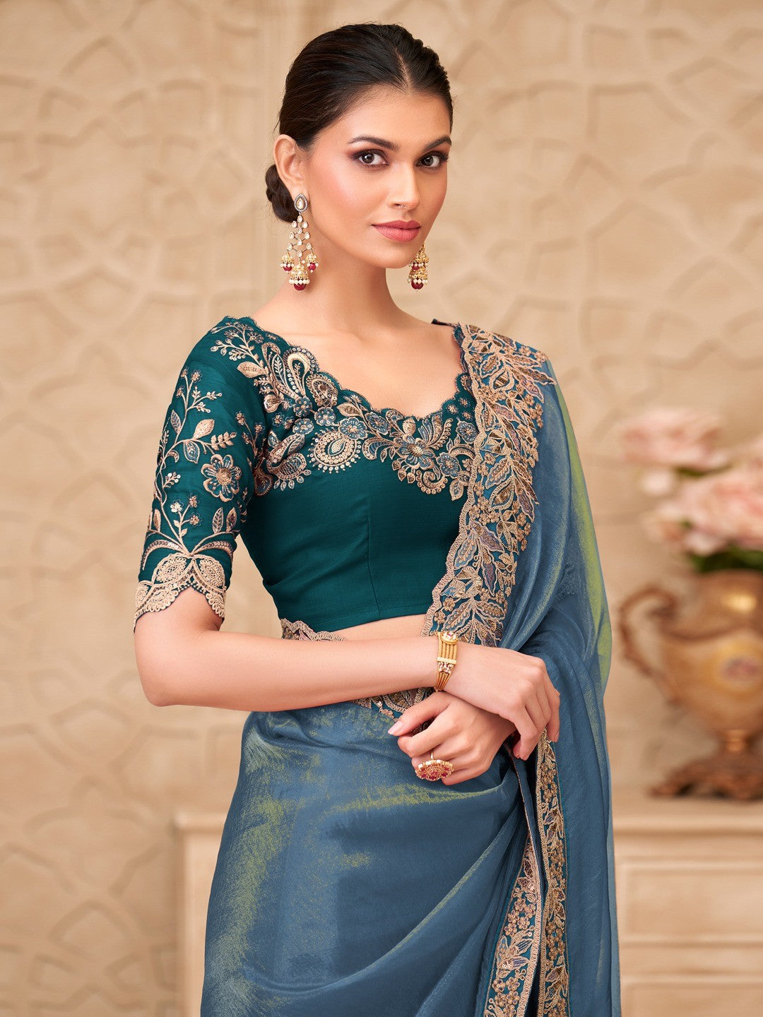 Bluish Grey Georgette Saree with Elegant Embroidered Work and Modern Ethnic Appeal - Image 5