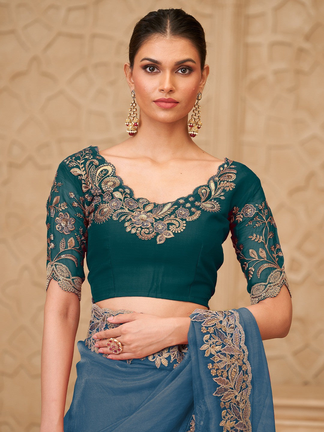 Bluish Grey Georgette Saree with Elegant Embroidered Work and Modern Ethnic Appeal - Image 3