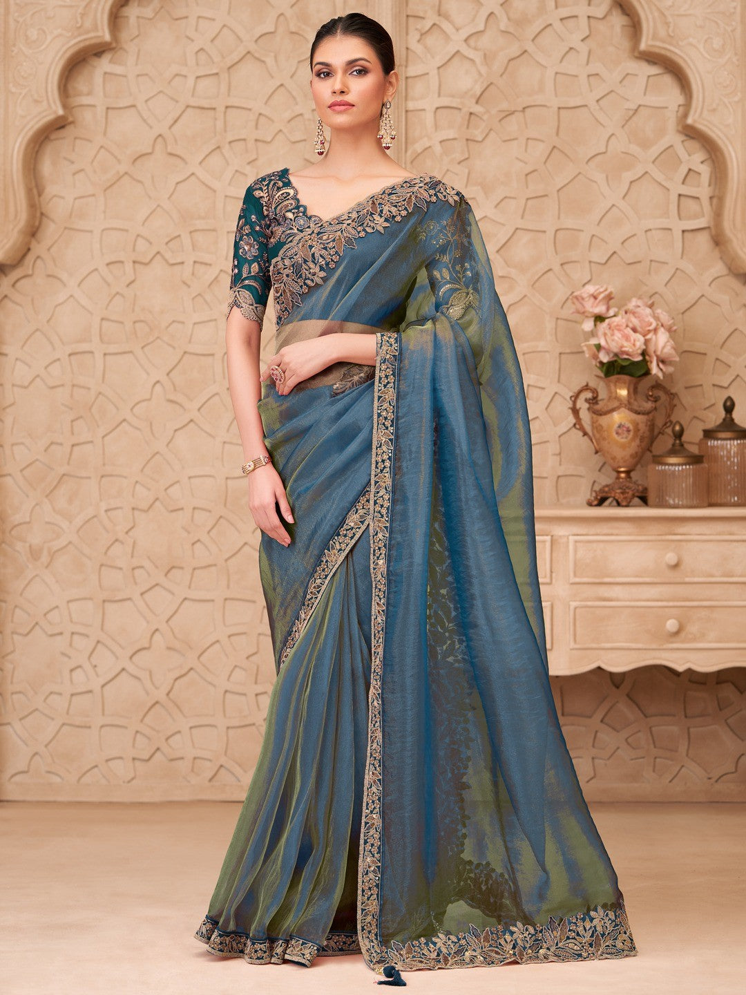 Bluish Grey Georgette Saree with Elegant Embroidered Work and Modern Ethnic Appeal - Image 1