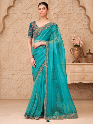 Turquoise Georgette Saree with Elegant Embroidered Work and Modern Ethnic Appeal - Image 1