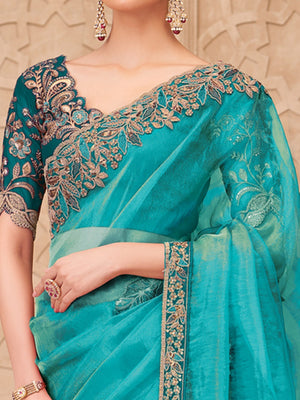 Turquoise Georgette Saree with Elegant Embroidered Work and Modern Ethnic Appeal - Image 2