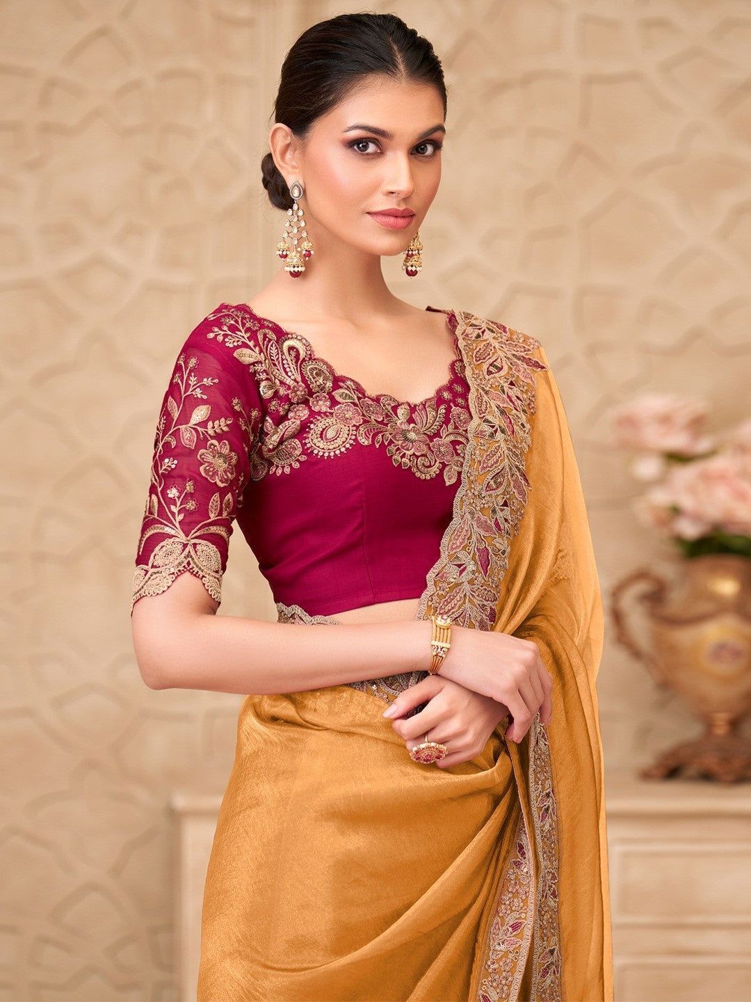 Mustard Georgette Saree with Elegant Embroidered Work and Modern Ethnic Appeal - Image 4
