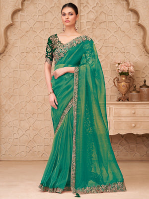Green Georgette Saree with Elegant Embroidered Work and Modern Ethnic Appeal - Image 1