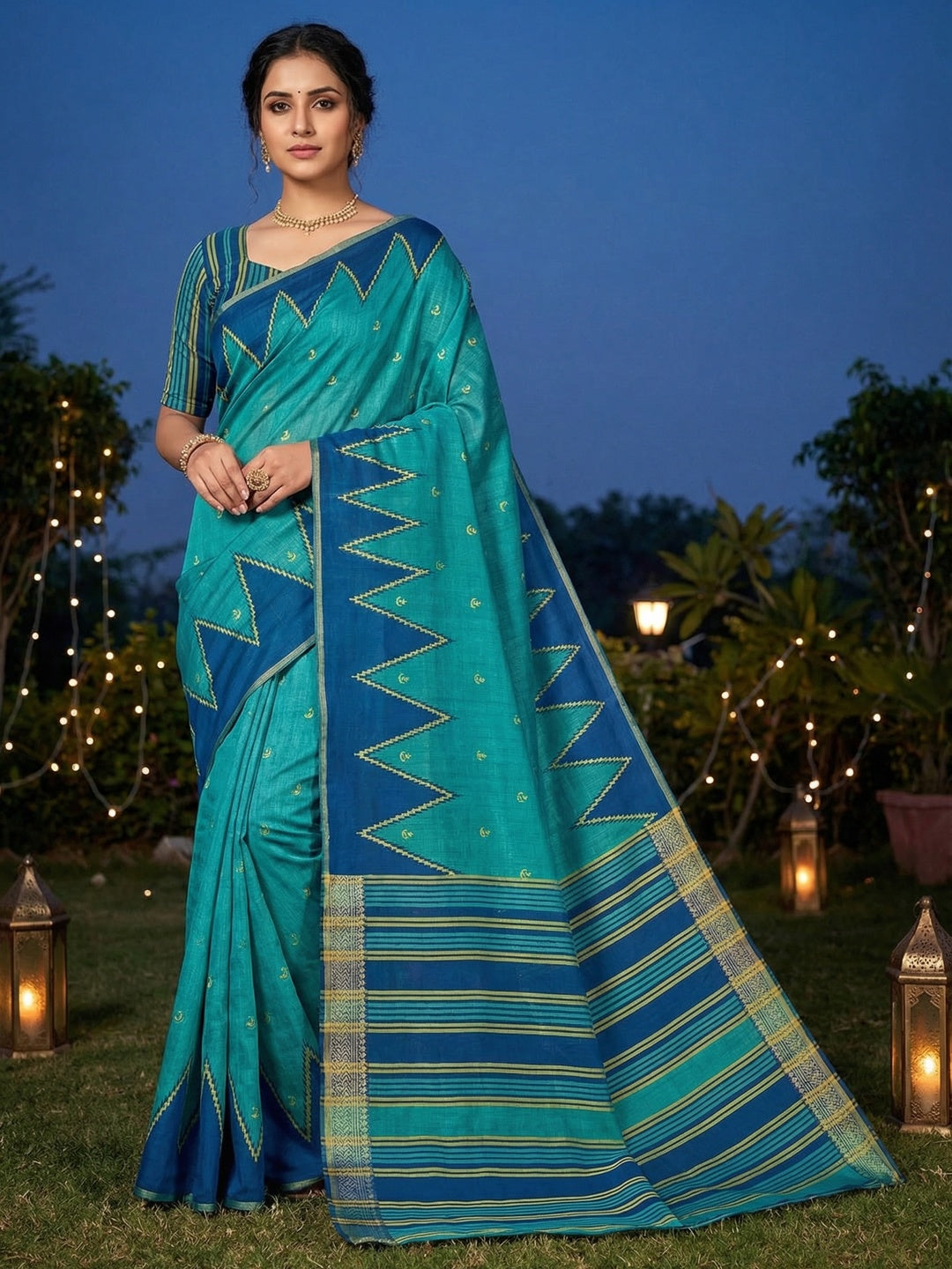 Luxury Teal Blue Zig Zag & Striped Printed Chanderi Silk Saree With Weaving Border - Image 1