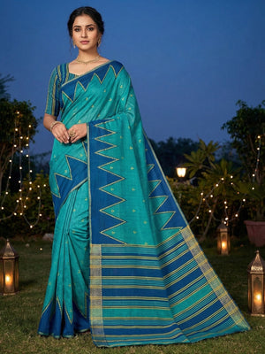Luxury Teal Blue Zig Zag & Striped Printed Chanderi Silk Saree With Weaving Border - Image 1