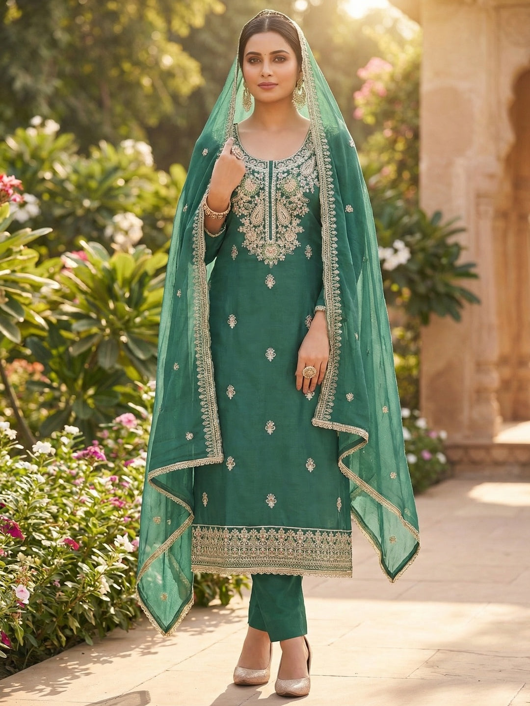 Elegant Dark Green Embroidered Cotton Silk Dress Material with Dupatta - Image 2