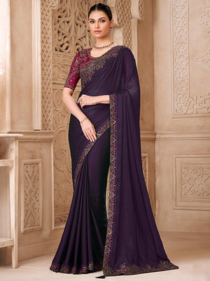 Wine Georgette Saree Featuring Detailed Embroidered Border - Image 1