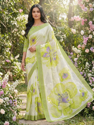 Elegant Green Linen Saree with Floral Print and Border Detail - Image 1