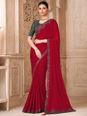 Deep Pink Georgette Saree Featuring Detailed Embroidered Border - Image 1