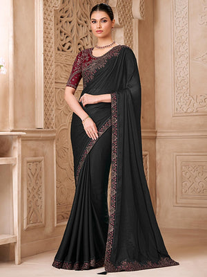Black Georgette Saree Featuring Detailed Embroidered Border - Image 1