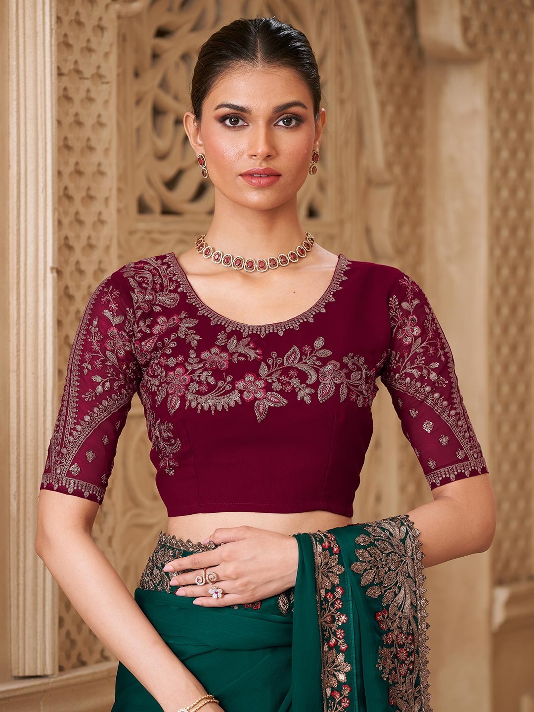 Dark Green Georgette Saree Featuring Detailed Embroidered Border - Image 3