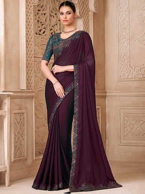 Burgundy Georgette Saree Featuring Detailed Embroidered Border - Image 1