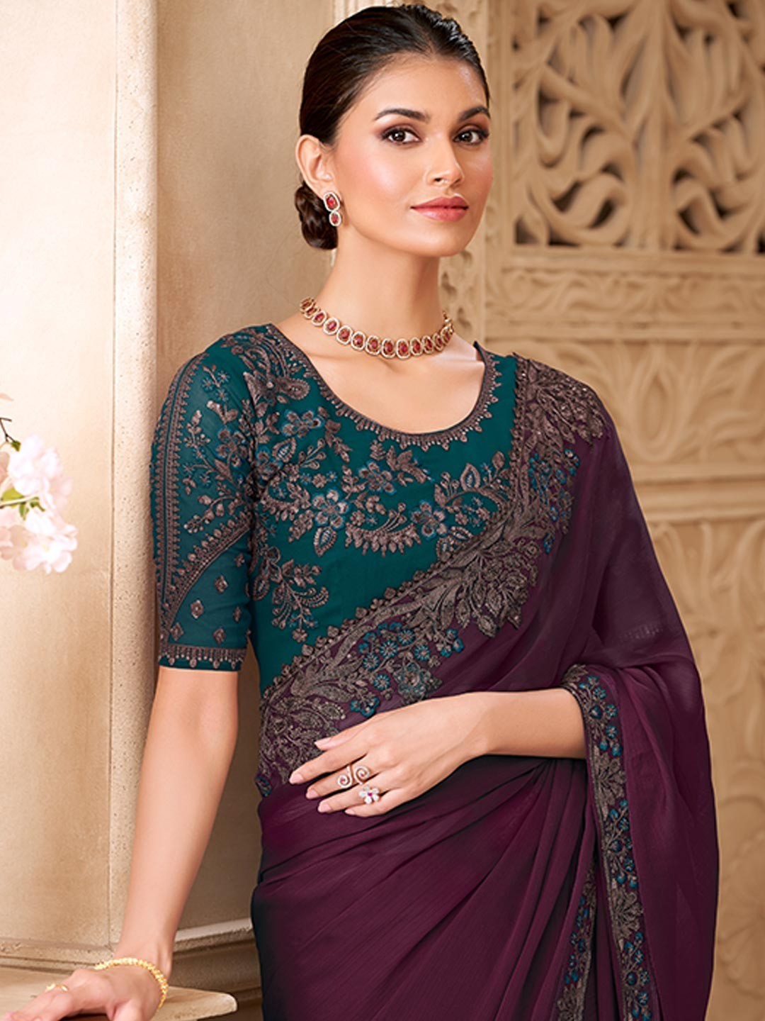 Burgundy Georgette Saree Featuring Detailed Embroidered Border - Image 4