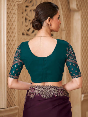 Burgundy Georgette Saree Featuring Detailed Embroidered Border - Image 2