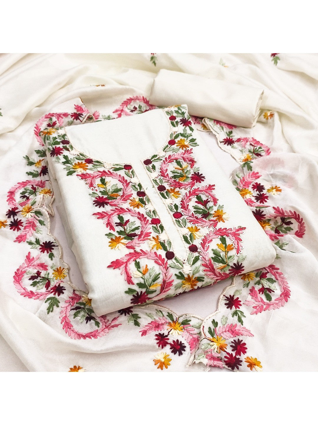 Cream Vichitra Silk Embroidered Dress Material with Dupatta - Image 2