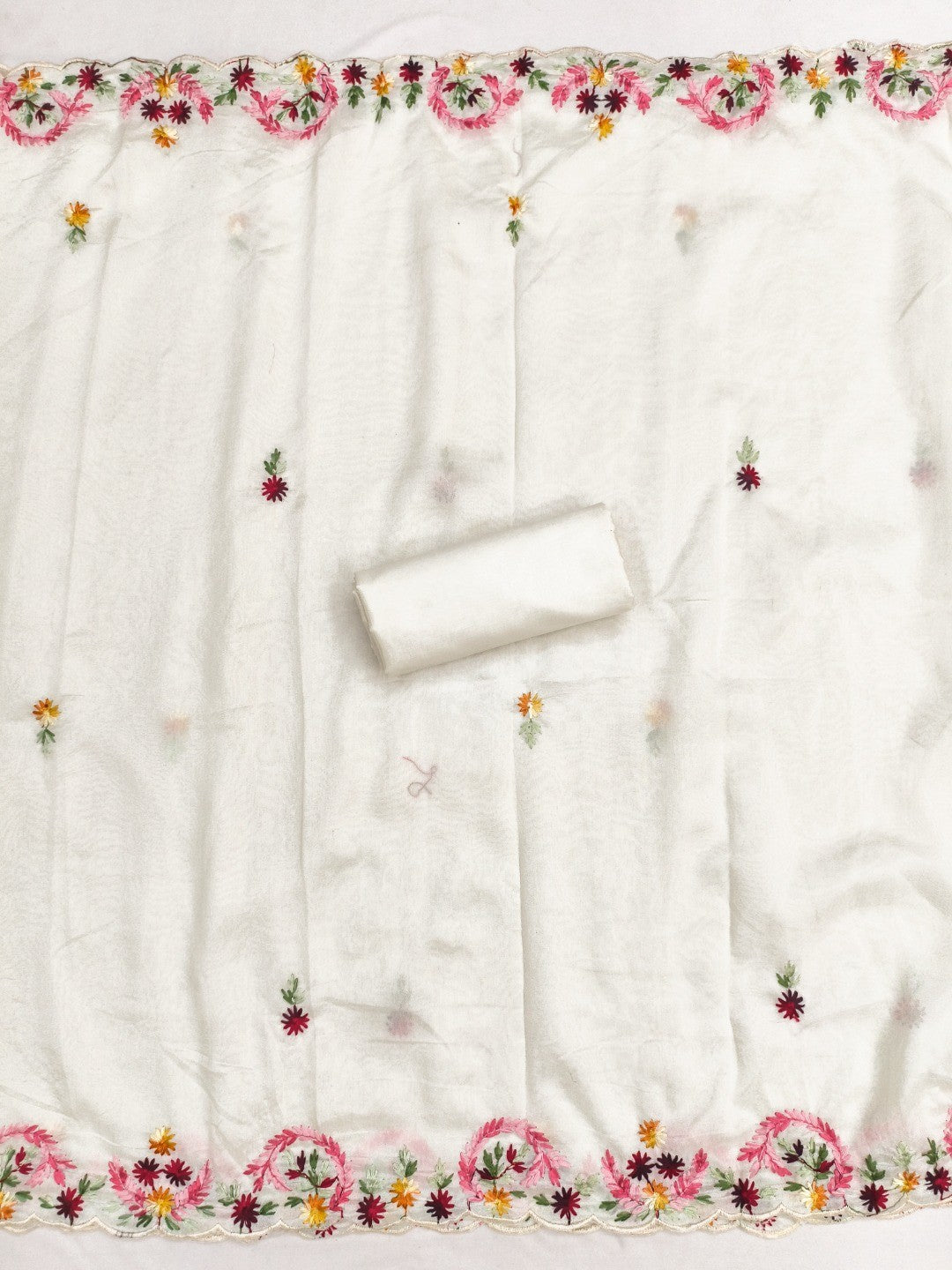 Cream Vichitra Silk Embroidered Dress Material with Dupatta - Image 2