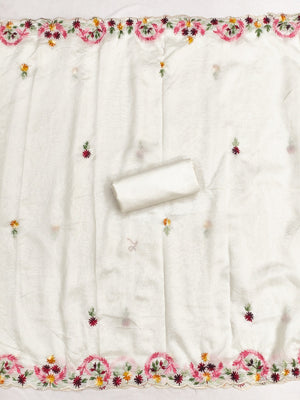 Cream Vichitra Silk Embroidered Dress Material with Dupatta - Image 2