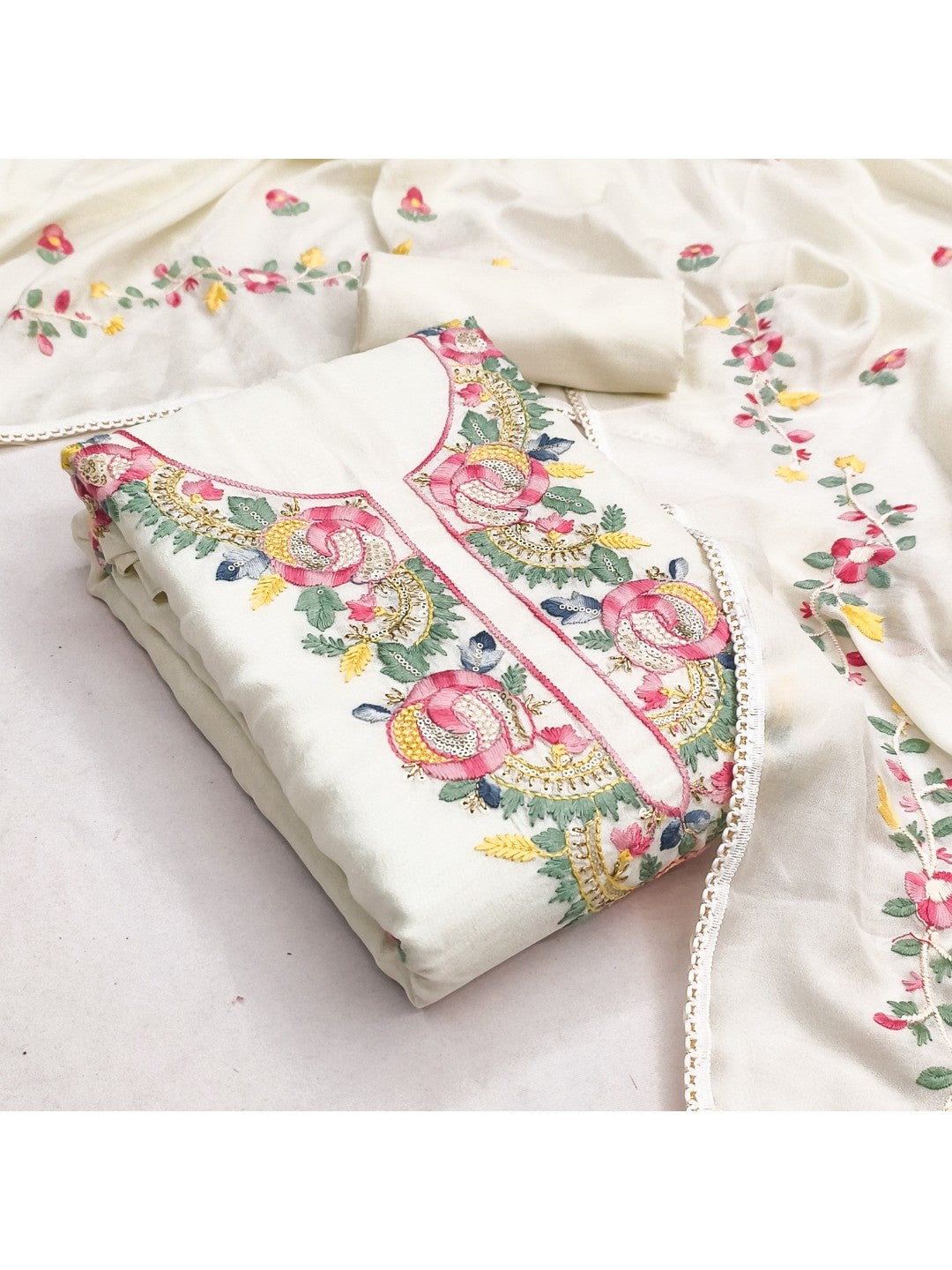 Elegant Cream Vichitra Silk Dress Material with Floral Embroidery - Image 3