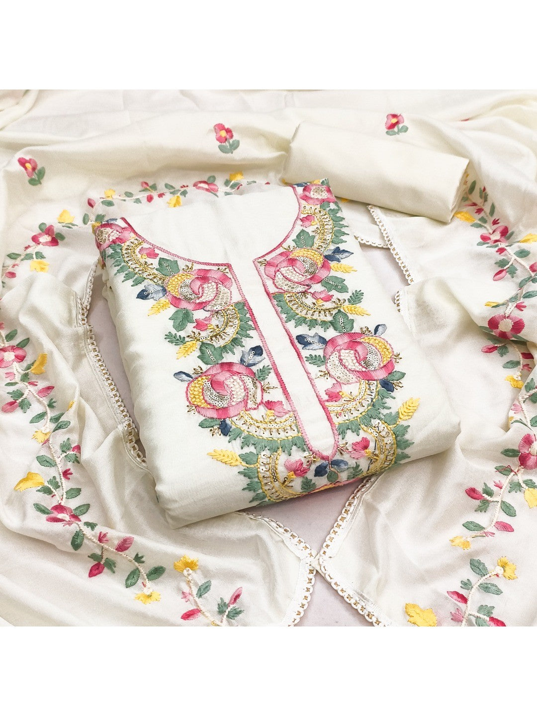 Elegant Cream Vichitra Silk Dress Material with Floral Embroidery - Image 4