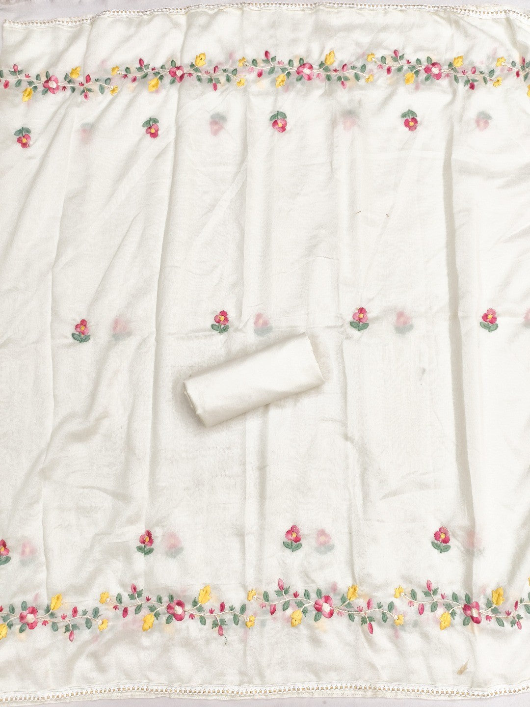 Elegant Cream Vichitra Silk Dress Material with Floral Embroidery - Image 3