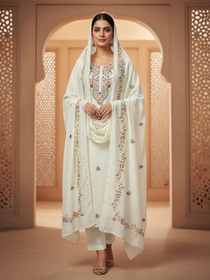 Elegant Cream Vichitra Silk Dress Material with Floral Embroidery - Image 1